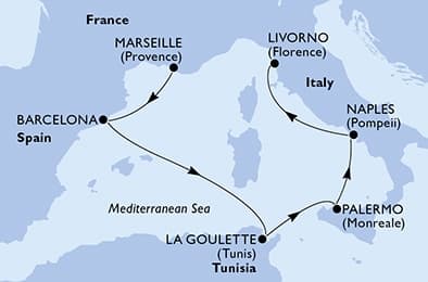 6 nights Mediterranean cruise on MSC Meraviglia 
from 🇫🇷 Marseille to 🇮🇹 Livorno 