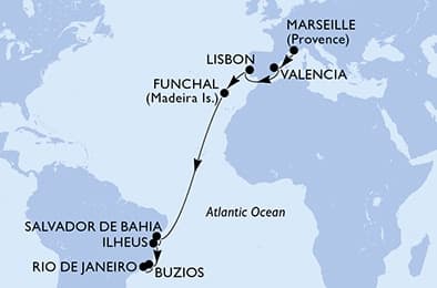 16 nights Transatlantic cruise on MSC Musica 
from 🇫🇷 Marseille to 🇧🇷 Rio de Janeiro 