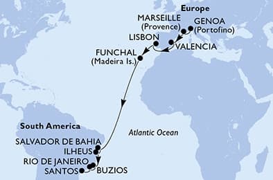 18 nights Transatlantic cruise on MSC Musica 
from 🇮🇹 Genoa to 🇧🇷 Santos (São Paulo) 