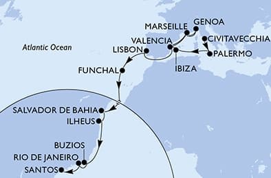 24 nights Transatlantic cruise on MSC Musica 
from 🇮🇹 Civitavecchia to 🇧🇷 Santos (São Paulo) 