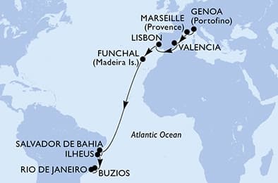 17 nights Transatlantic cruise on MSC Musica 
from 🇮🇹 Genoa to 🇧🇷 Rio de Janeiro 