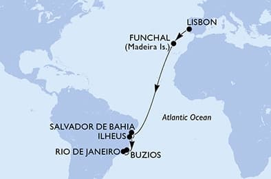 13 nights Transatlantic cruise on MSC Musica 
from 🇵🇹 Lisbon to 🇧🇷 Rio de Janeiro 