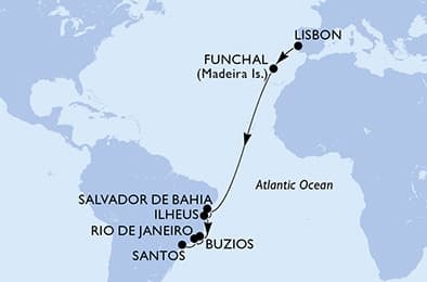 14 nights Transatlantic cruise on MSC Musica 
from 🇵🇹 Lisbon to 🇧🇷 Santos (São Paulo) 
