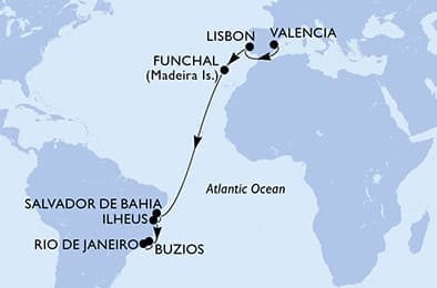 15 nights Transatlantic cruise on MSC Musica 
from 🇪🇸 Valencia to 🇧🇷 Rio de Janeiro 
