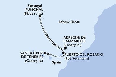 4 nights cruise on MSC Fantasia 
from 🇪🇸 Santa Cruz de Tenerife to 🇪🇸 Arrecife (Lanzarote) 