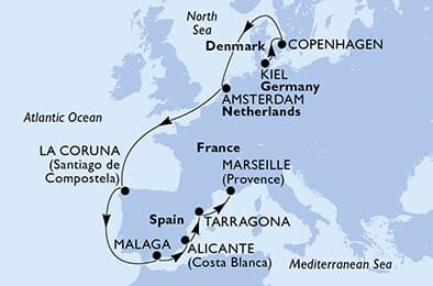 11 nights cruise on MSC Euribia 
from 🇩🇪 Kiel to 🇫🇷 Marseille 