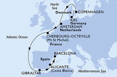 10 nights North European cruise on MSC Euribia
from 🇩🇪 Kiel to 🇪🇸 Barcelona