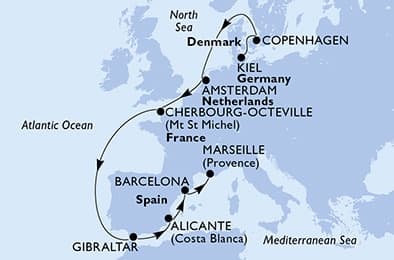 11 nights North European cruise on MSC Euribia 
from 🇩🇪 Kiel to 🇫🇷 Marseille 