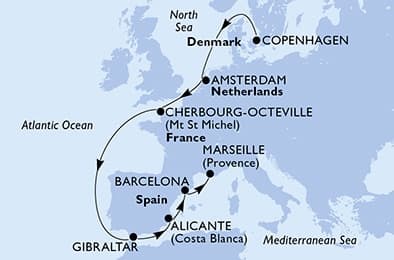 10 nights North European cruise on MSC Euribia 
from 🇩🇰 Copenhagen to 🇫🇷 Marseille 