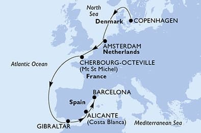 9 nights North European cruise on MSC Euribia 
from 🇩🇰 Copenhagen to 🇪🇸 Barcelona 