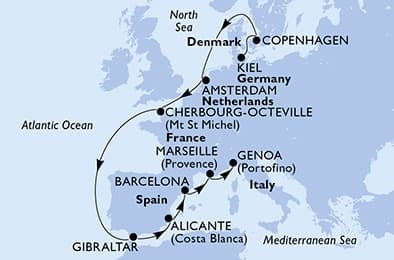 12 nights North European cruise on MSC Euribia 
from 🇩🇪 Kiel to 🇮🇹 Genoa 