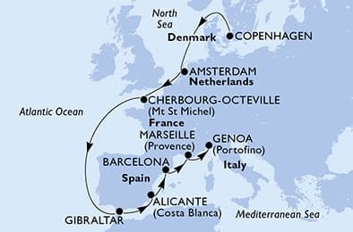 11 nights North European cruise on MSC Euribia 
from 🇩🇰 Copenhagen to 🇮🇹 Genoa 