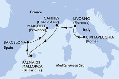 6 nights Mediterranean cruise on MSC Fantasia 
from 🇮🇹 Civitavecchia to 🇫🇷 Marseille 