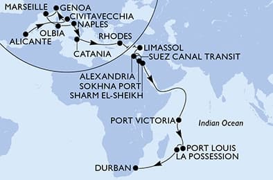 31 nights Mediterranean cruise on MSC Sinfonia
from 🇪🇸 Alicante to 🇿🇦 Durban