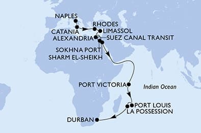 25 nights Transatlantic cruise on MSC Sinfonia 
from 🇮🇹 Naples to 🇿🇦 Durban 