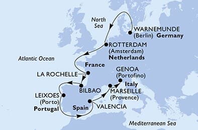 12 nights North European cruise on MSC Poesia 
from 🇩🇪 Rostock (Berlin) to 🇮🇹 Genoa 