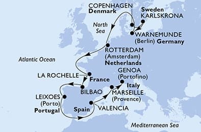14 nights cruise on MSC Poesia 
from 🇩🇰 Copenhagen to 🇮🇹 Genova 