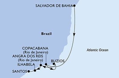 6 nights cruise on MSC Grandiosa 
from 🇧🇷 Salvador to 🇧🇷 Santos (Sao Paulo) 