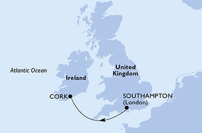 1 night cruise on MSC Virtuosa 
from 🇬🇧 Southampton to 🇮🇪 Cork 