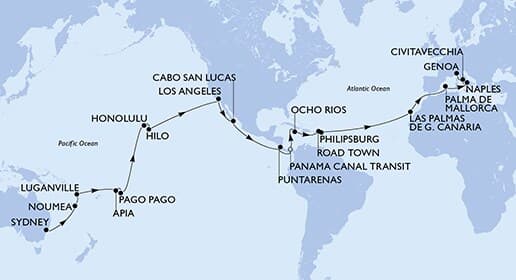 51 nights Extraordinary cruise on MSC Musica 
from 🇦🇺 Sydney to 🇮🇹 Genova 