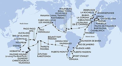 132 nights Extraordinary cruise on MSC Musica 
from 🇮🇹 Genoa to 🇩🇪 Rostock (Berlin) 