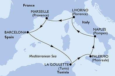 7 nights Mediterranean cruise on MSC Meraviglia 
from 🇮🇹 Livorno 