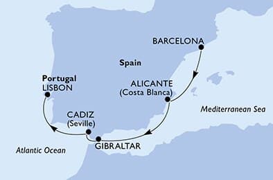 5 nights Extraordinary cruise on MSC Meraviglia 
from 🇪🇸 Barcelona to 🇵🇹 Lisbon 