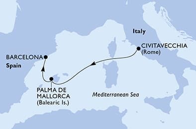 3 nights Mediterranean cruise on MSC Grandiosa 
from 🇮🇹 Civitavecchia to 🇪🇸 Barcelona 