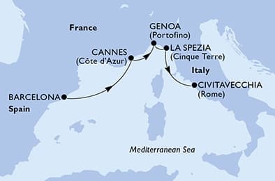 4 nights Mediterranean cruise on MSC Grandiosa 
from 🇪🇸 Barcelona to 🇮🇹 Civitavecchia 