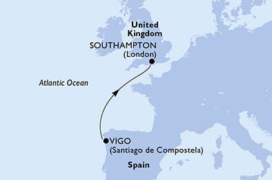 2 nights cruise on MSC Virtuosa 
from 🇪🇸 Vigo to 🇬🇧 Southampton 
