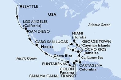 24 nights Transatlantic cruise on MSC Poesia 
from 🇺🇸 Seattle to 🇺🇸 Miami 