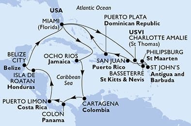 21 nights Caribbean cruise on MSC Poesia 
from 🇺🇸 Miami 