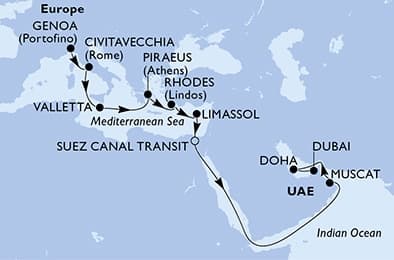 20 nights Transatlantic cruise on MSC World Europa 
from 🇮🇹 Genova to 🇦🇪 Dubai 