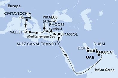 19 nights Transatlantic cruise on MSC World Europa 
from 🇮🇹 Civitavecchia to 🇦🇪 Dubai 