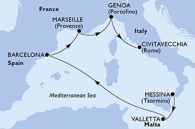 6 nights Mediterranean cruise on MSC World Europa 
from 🇮🇹 Messina to 🇮🇹 Civitavecchia 