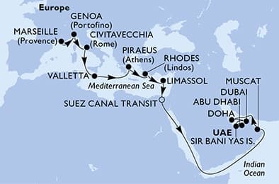 23 nights Transatlantic cruise on MSC World Europa
from ๐ซ๐ท Marseille to ๐ฆ๐ช Abu Dhabi