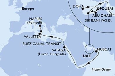 19 nights Transatlantic cruise on MSC World Europa 
from 🇶🇦 Doha to 🇮🇹 Naples 