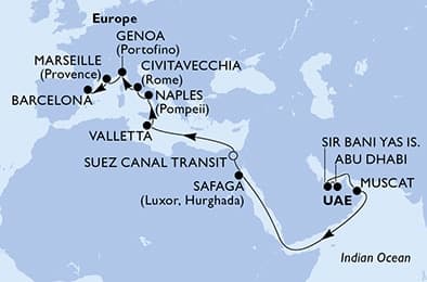 19 nights Transatlantic cruise on MSC World Europa 
from 🇦🇪 Abu Dhabi to 🇪🇸 Barcelona 