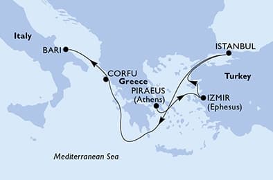 5 nights Mediterranean cruise on MSC Sinfonia 
from 🇬🇷 Piraeus to 🇮🇹 Bari 