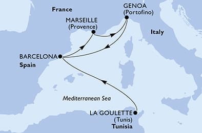 6 nights Mediterranean cruise on MSC Euribia 
from 🇹🇳 La Goulette to 🇪🇸 Barcelona 
