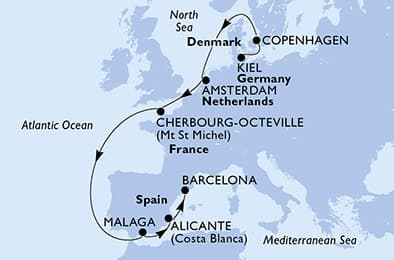 10 nights North European cruise on MSC Euribia 
from 🇩🇪 Kiel to 🇪🇸 Barcelona 