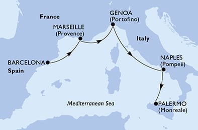 4 nights Mediterranean cruise on MSC Euribia 
from 🇪🇸 Barcelona to 🇮🇹 Palermo 