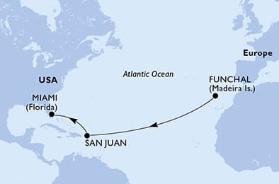 10 nights Extraordinary cruise on MSC Grandiosa 
from 🇵🇹 Funchal to 🇺🇸 Miami 