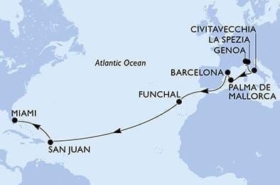 18 nights Transatlantic cruise on MSC Grandiosa 
from 🇮🇹 Genova to 🇺🇸 Miami 