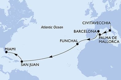 16 nights Transatlantic cruise on MSC Grandiosa 
from 🇮🇹 Civitavecchia to 🇺🇸 Miami 