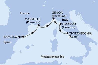 4 nights Mediterranean cruise on MSC Orchestra 
from 🇪🇸 Barcelona to 🇮🇹 Civitavecchia 
