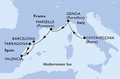 5 nights Mediterranean cruise on MSC Orchestra 
from 🇮🇹 Civitavecchia to 🇪🇸 Barcelona 