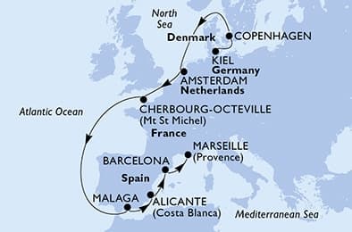 11 nights North European cruise on MSC Euribia 
from 🇩🇪 Kiel to 🇫🇷 Marseille 
