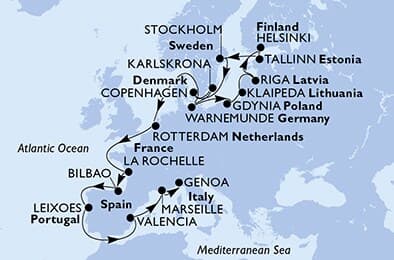 23 nights North European cruise on MSC Magnifica 
from 🇩🇪 Rostock (Berlin) to 🇮🇹 Genova 