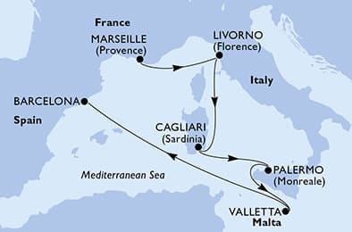 6 nights Mediterranean cruise on MSC Splendida
from 🇫🇷 Marseille to 🇪🇸 Barcelona
